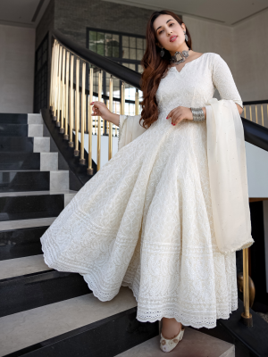 Indian Women White Chikankari Stitched Anarkali Gown Kurta Set with Dupatta Wedding Dress