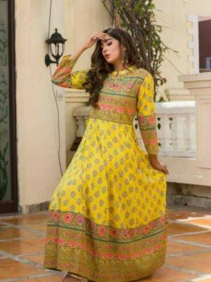 Women Yellow Long Flared Kurti Kurta Traditional Designer Gown Anarkali Dress