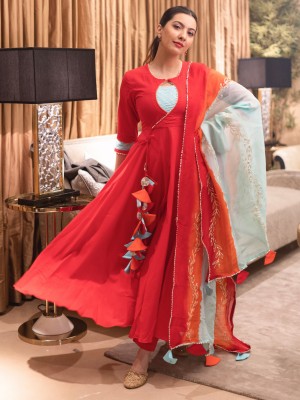 Women New Red Anarkali Salwar Kameez Kurti Pant Dupatta Set Flare Long Dress