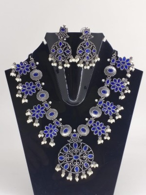 Blue/White Tribal Oxidized Adjustable Necklace Earring Set Asian Ethnic Jewelry Set