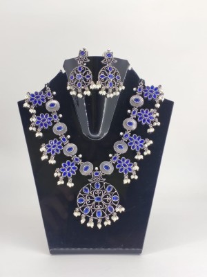 Blue/White Tribal Oxidized Adjustable Necklace Earring Set Asian Ethnic Jewelry Set