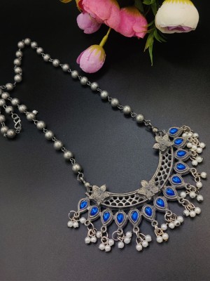 Oxidized Flower on Moon Brass Long Necklace 