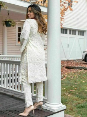 White Indian Pakistani Women Chikankari Kurti Set Salwar Kurta Pant Dress Suit New Set