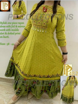 Women Mustard Yellow Long Flared Kurti Kurta Designer Gown Anarkali A-Line Dress