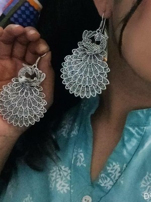 Indian Bollywood Oxidized Silver Long Peacock Feather Drop Earrings - 1 Pair