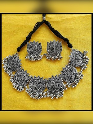 Lotus Bohemian Silver Oxidized Necklace Afghani Bollywood Jewelry Sets