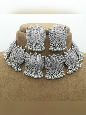 Lotus Bohemian Silver Oxidized Necklace Afghani Bollywood Jewelry Sets