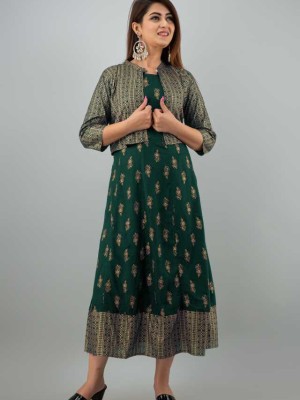 Green Women Flared Kurta Designer Jacket Anarkali Kurti Mini Midi Dress Gown Partywear