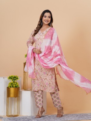 Cream Color Pakistani Indian Women Floral Cotton Salwar Kameez Kurti Pant Set