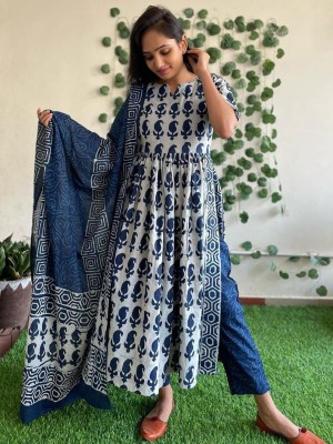 Indigo Blue Side Slit Nayra Cut Kurti Pant Suit Kurta Salwar Kameez Dupatta Set