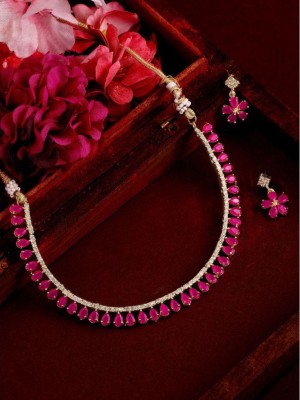Pink AD Stone Gold Plated Designer Choker Necklace Earring Set 