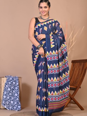 Blue Hand Block Printed Cotton Mulmul Saree with Unstitched Blouse Piece