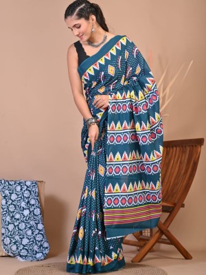 Blue Hand Block Printed Cotton Mulmul Saree with Unstitched Blouse Piece