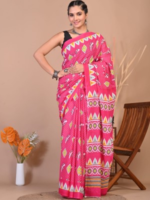 Pink Hand Block Printed Cotton Mulmul Saree with Unstitched Blouse Piece