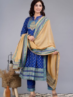 Blue Nayra Cut Readymade Ethnic Salwar Kameez Dupatta Kurti Pant Set Embroidered Printed Dress