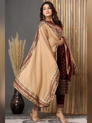 Maroon Indian Nayra Cut Readymade Ethnic Salwar Kameez Dupatta Kurti Pant Set Embroidered Printed Dress