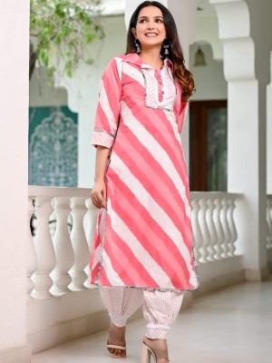 Cotton Lehariya Print Straight Kurti with Afghani Pant Salwar Kameez Suit Set