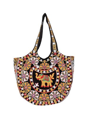 Indian Ethnic Mirror Work Embroidered Elephant Bohemian Rajasthani Handcrafted Jaipuri Women's Tote Bag with Zipper