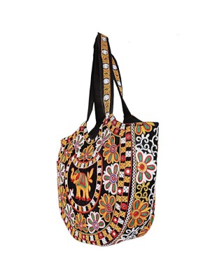 Indian Ethnic Mirror Work Embroidered Elephant Bohemian Rajasthani Handcrafted Jaipuri Women's Tote Bag with Zipper