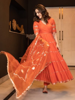 Orange Anarkali Gown Kurti Pant Gota Work Dupatta Set V-Neck Salwar Kameez