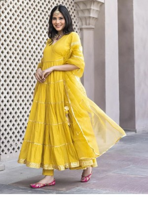 Yellow Anarkali Gown Kurti Pant Dupatta Set Salwar Kameez V-Neck