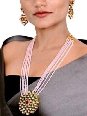 Indian Bollywood Style Gold Plated Kundan Peach Long Pendent Bridal Jewelry Set