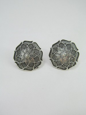 Oxidized Round Stud Earring New Bollywood Silver Plated Pushback Indian Earrings