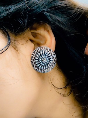 Oxidized Round Stud Earring New Bollywood Silver Plated Push Back Paisley Design Earrings