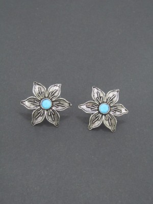 Flower Stud Earring with Blue Stone Black Polish Studs Earrings