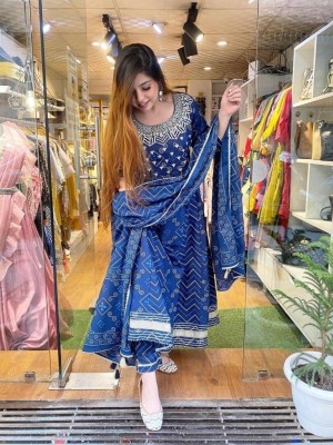 Blue Anarkali Gown Kurti Pant Dupatta Set Salwar Kameez