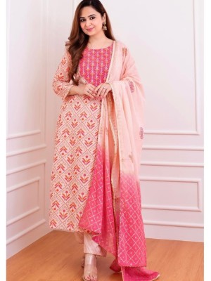 Pink Embroidery Print Dual Color Dupatta Salwar Kameez Straight Suit