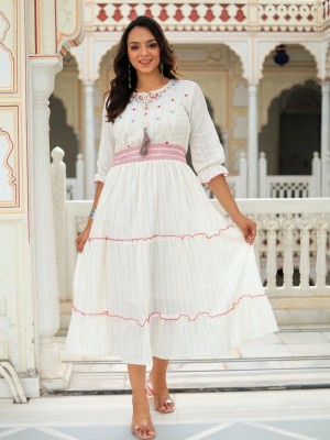 Pleasant White Western Embroidered Kurti Partywear Cotton Anarkali Gown Dress
