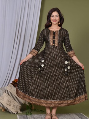 Black Indian Pakistani Ethnic Anarkali Kurti Designer Gown Tunic Rayon Flared Dress
