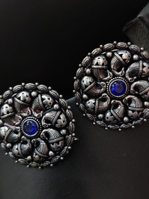 Round Stud Oxidized Earring Blue Stone New Bollywood Studs Pushback Earrings
