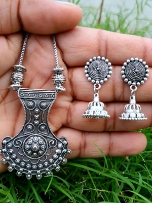 Shield Shaped Pendant Idol Necklace with Jhumka Set Silver Plated Oxidized Chain Alloy