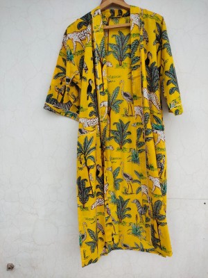 African Jungle Cheetah Print Long Cotton Kimono Handmade Cover Up Bath Robes Night Dressing Gown