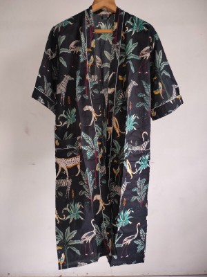 Jungle Safari Print Cotton Kimono Robe Japanese Nursing Gown Cardigan Beach Wear Swim Wear Coverup