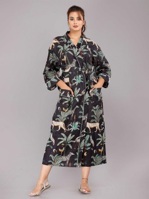 Black Jungle Safari Print Cotton Kimono Robe Japanese Nursing Gown Cardigan Beach Wear Swim Wear Coverup