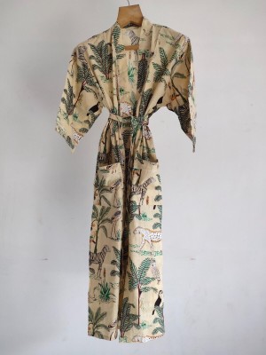 Pure Cotton Indian Block Printed House Robe Summer Kimono Floral Beach Coverup Comfy Maternity Mom Safari Animal Print