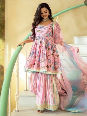 Pink Floral Designer Kurti Sharara Dupatta Set Rayon Salwar Kameez Suit