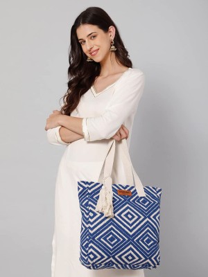 Blue Diamond Textured Canvas Tote Bag for Women