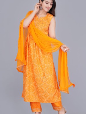 Orange Bandhani Print Sleeveless Kurti Pant Dupatta Set Nayra Cut Salwar Kameez Suit