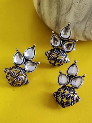 Women Indian Shell Shape Earring Ring Set Silver Oxidized Fashion Jewelry