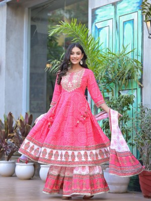 Pink Cotton Kurti Sharara Dupatta Set Salwar Kameez Suit Premium Festival Dress 