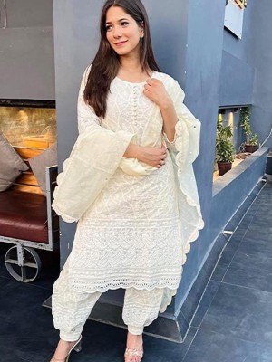 Indian Women White Stitched Straight Kurti Chikankari Kurta Set with Dupatta Wedding Dress