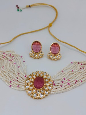 Rani Pink Indian Kundan Pearl Beads Work Fashion Golden Choker Necklace Earrings Set