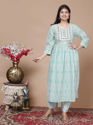 Pastel Pink Cotton Printed Nayra Cut Kurta Salwar Kameez Suit Kurti Pant  Set with Tassel Work