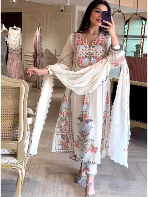 White Ivory Georgette Straight Festival Wear Salwar Kameez with Mirror Sequence and Embroidery Hand Work
