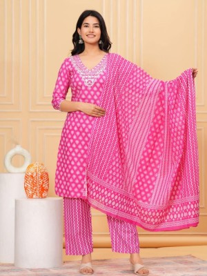 Glorious Pink Plus Size Embroidery Partywear Anarkali Kurti Pant Dupatta Cotton Shalwar Kameez Suit