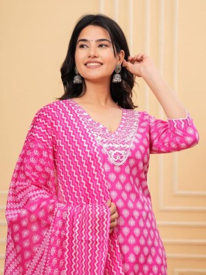 Glorious Pink Plus Size Embroidery Partywear Anarkali Kurti Pant Dupatta Cotton Shalwar Kameez Suit